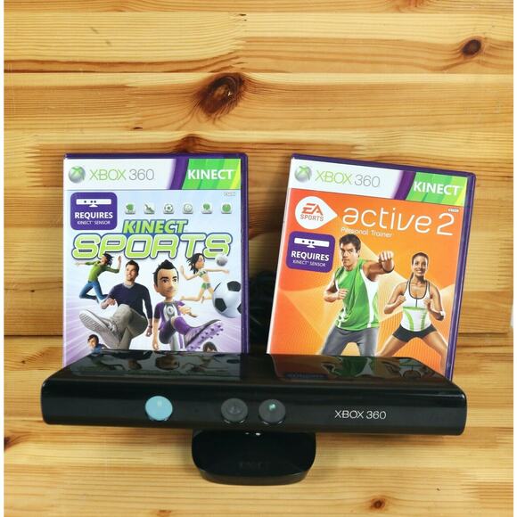 Xbox 360 Kinect Motion Sensor Lot With 2 Games Kinect Sports and Active 2 MD1414